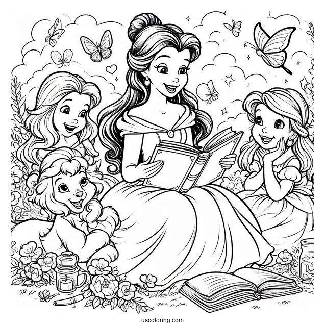 Coloring Page Of Belle Reading To Her Enchanted Friends