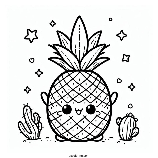 Cute Pineapple Coloring Page in a Fruit Garden For Preschoolers