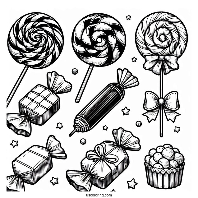 Delicious Candy And Lollipops Coloring Sheet