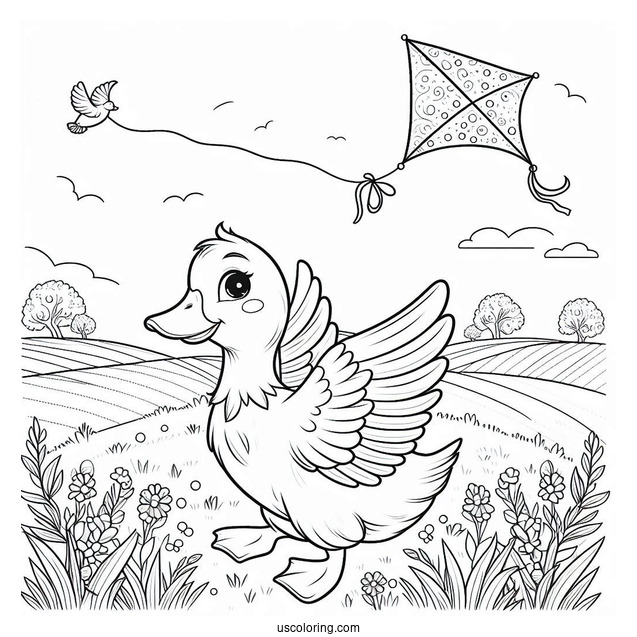 Duck Flying a Kite in the Countryside Coloring Page