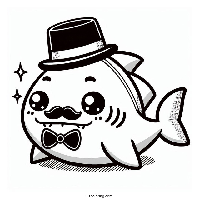 Cute Shark Coloring Page With Mustache, Bowtie, And Hat