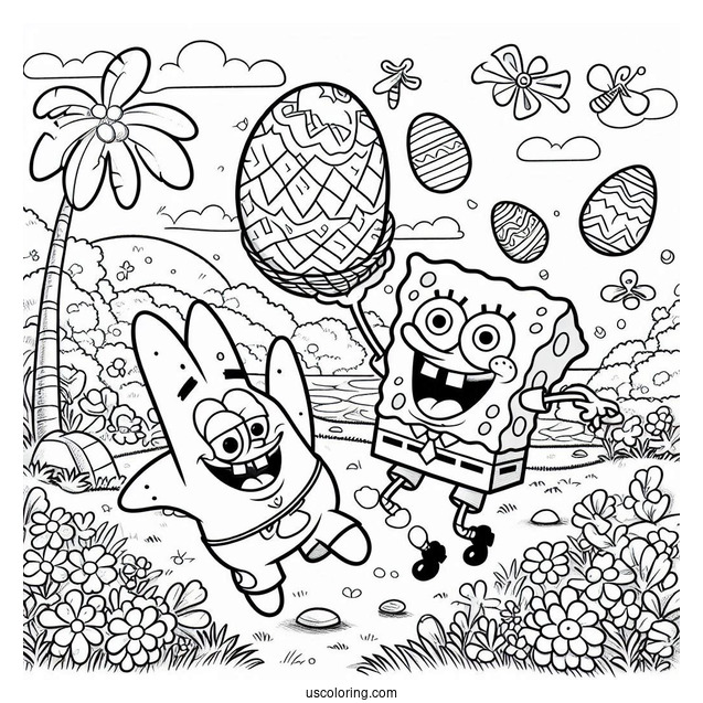 Easter Coloring Page Of SpongeBob And Patrick Star Throwing Easter Eggs