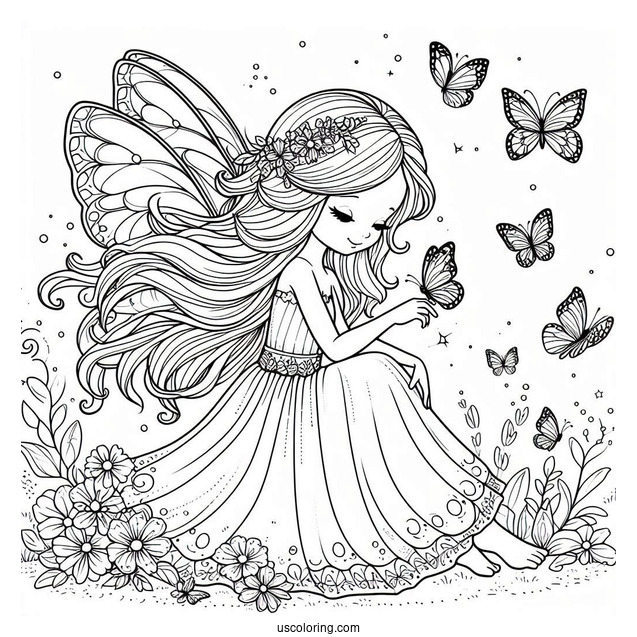 Fairy Playing With Tiny Butterflies Coloring Page