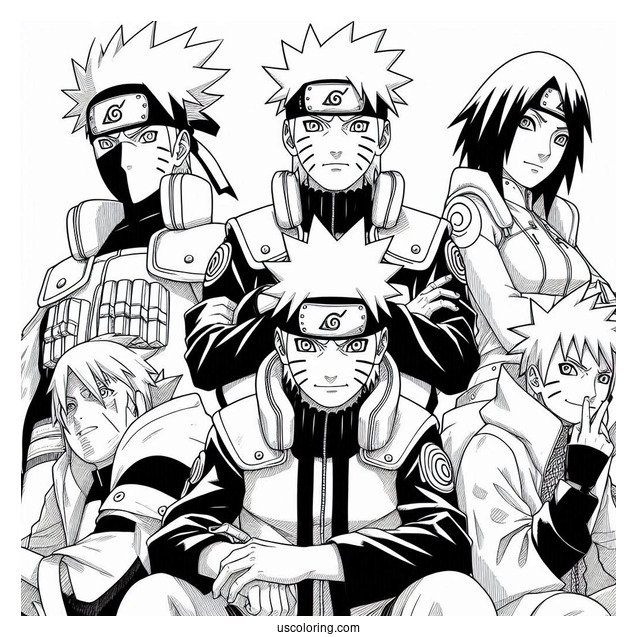 Naruto Coloring Page of Team Seven With Kakashi, Iruka, And Third Hokage