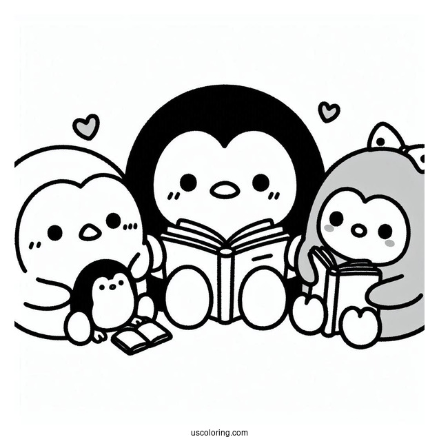 Sumikko Gurashi Coloring Page Of Tonkatsu, Penguin, Niko, And Polari Reading With Minnikos
