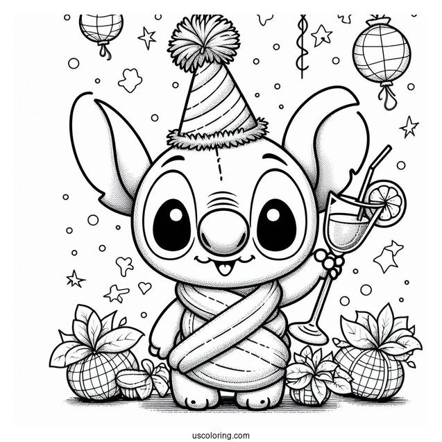 Stitch Wearing A Party Hat And Holding Up A Wineglass On The New Year Coloring Page