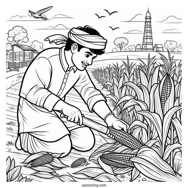 Easy To Color Picture Of Farmer Harvesting Corn