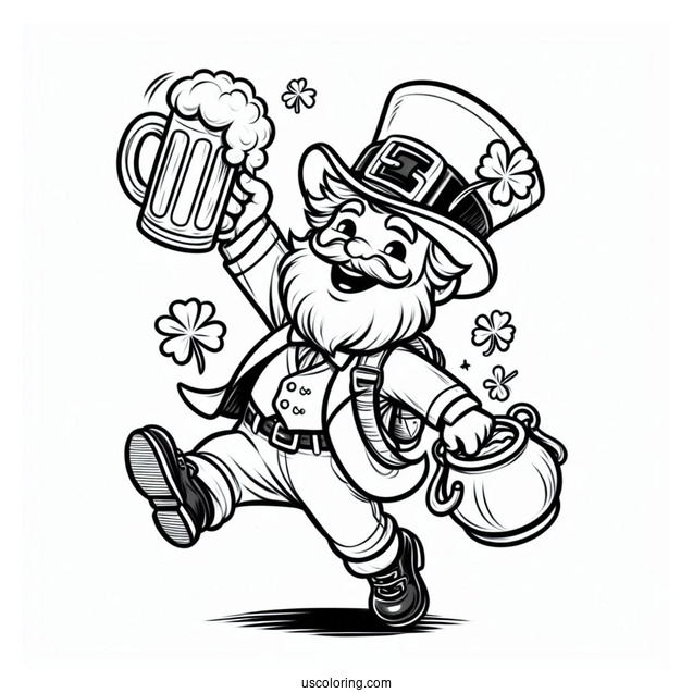 St. Patrick's Day Coloring Page Of Dancing Leprechaun Holding A Glass Of Beer