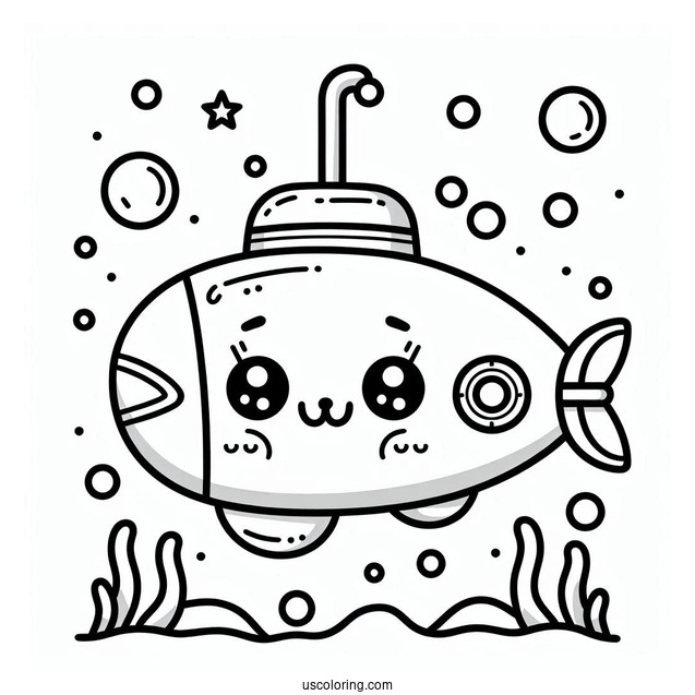 Kawaii Cartoon Submarine Coloring Page For Preschoolers