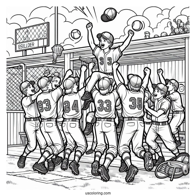 Easy Baseball Coloring Page Of Team Celebrating in Dugout For Kids