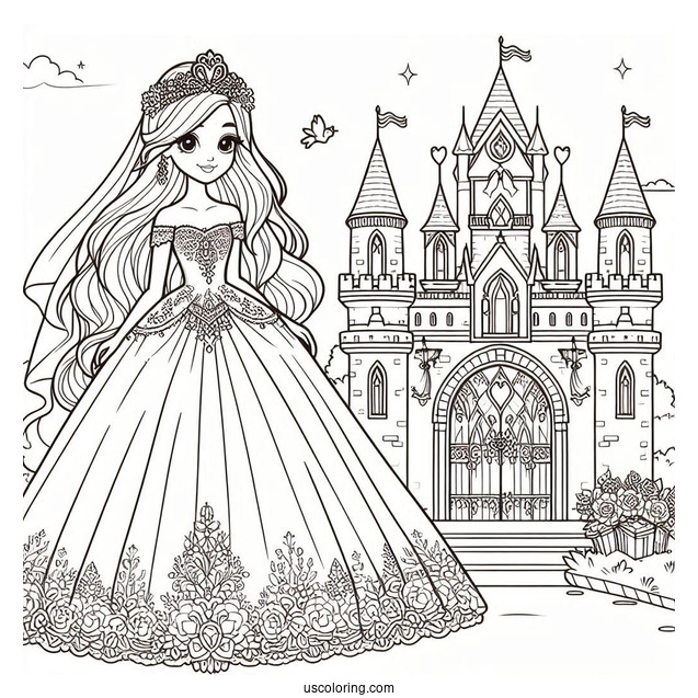 Princess Coloring Page In Wedding Dress In Front Of Castle