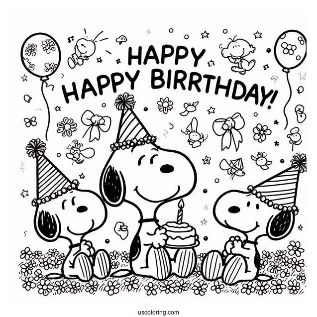 Happy Birthday Themed Snoopy To Color