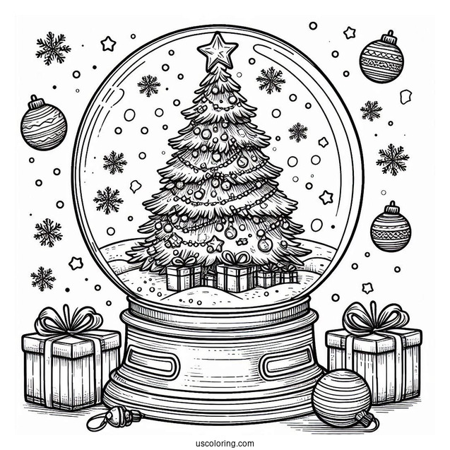 Christmas Tree With Presents Snow Globe Coloring Page