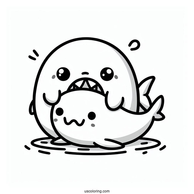 Kawaii Cartoon Shark Play Biting A Sea Lion Coloring Page For Kids