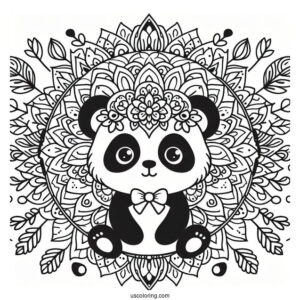 Floral Mandala with Panda Coloring Page Faces and Leaf Border Design For Adults