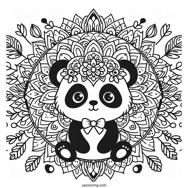 Floral Mandala with Panda Coloring Page Faces and Leaf Border Design For Adults