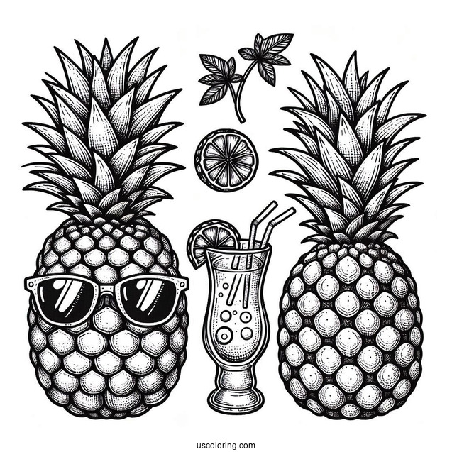 Chill Pineapple Coloring Page With Drink and Sunglasses