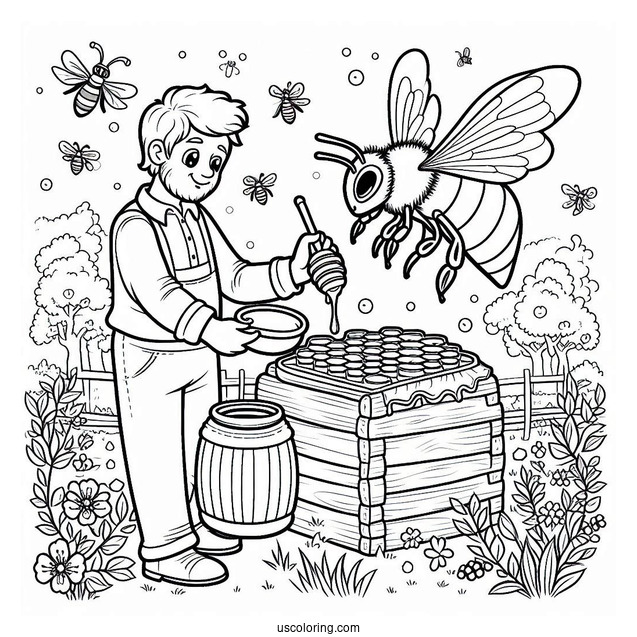 Bee Coloring Page Of Man Collecting Honey From A Apiary