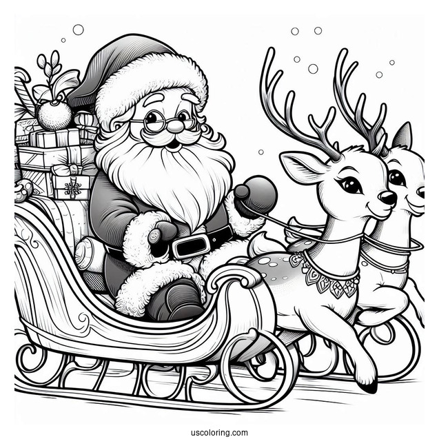Santa In His Sleigh With Rudolph To Color