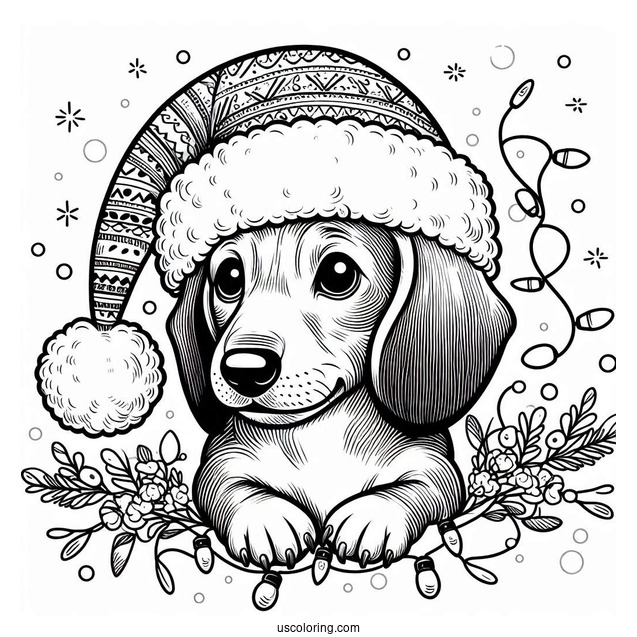 Dachshund Coloring Page In Santa Hat And Christmas Lights