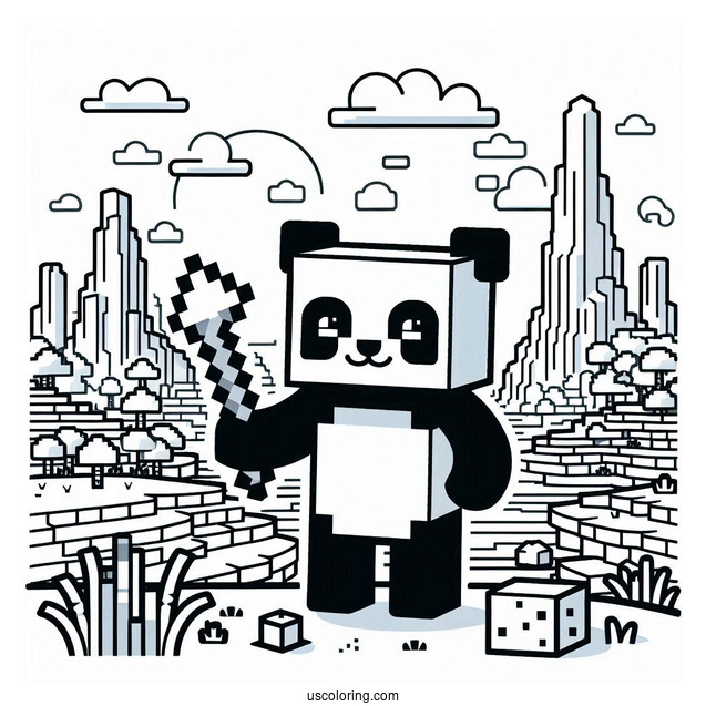 Minecraft Panda Coloring Page Standing in Pixel Landscape For Kids