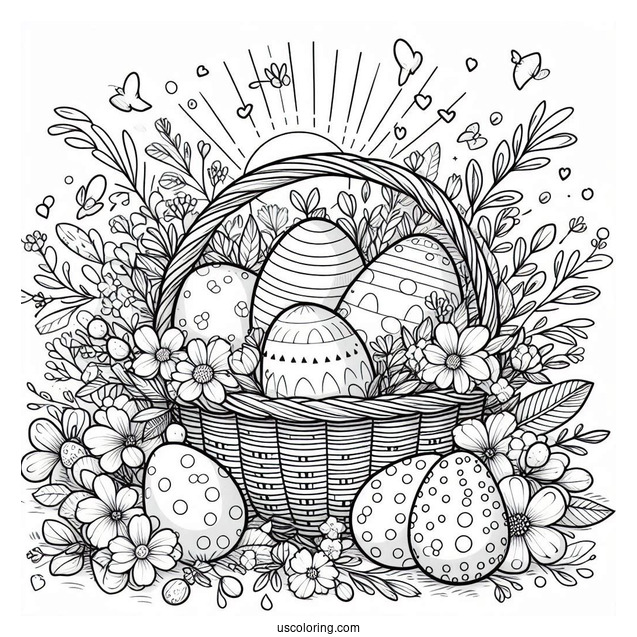 Detailed Basket Filled With Easter Eggs In Garden Coloring Sheet