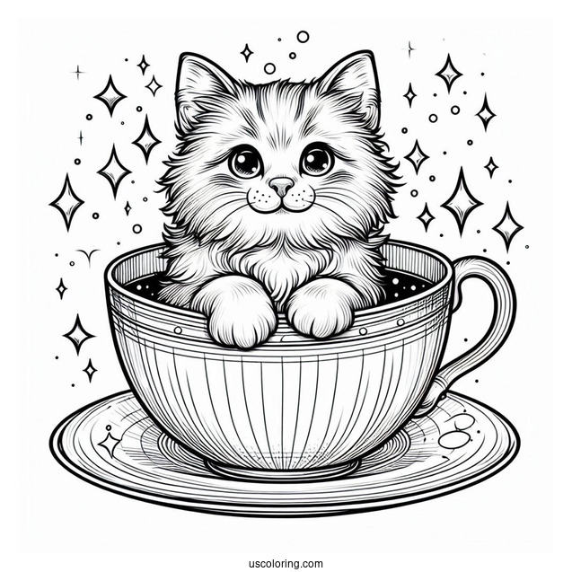 Coloring Page Of Realistic Cat Inside Teacup