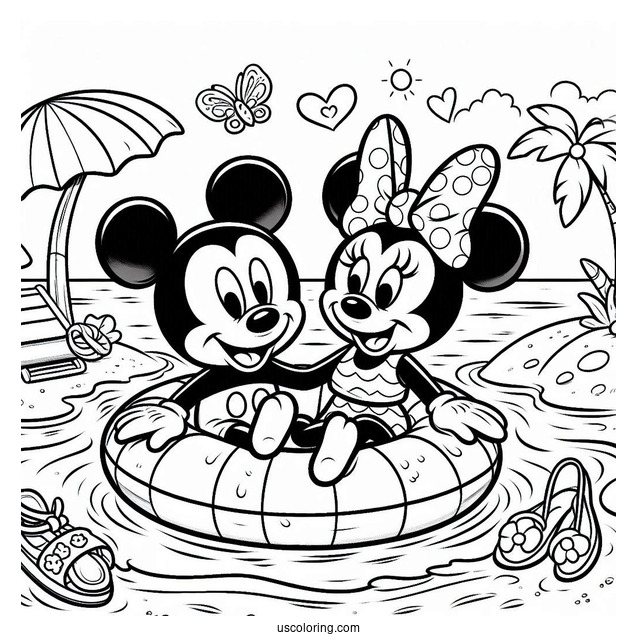 Swimming Coloring Page Of Mickey Mouse And Minnie Mouse On An Inflatable At The Beach