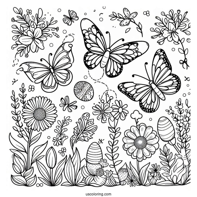 Cartoon Spring Coloring Page Butterflies And Flowers