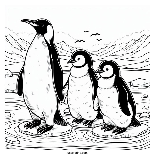 3 Emperor Penguins On Ice Coloring Page