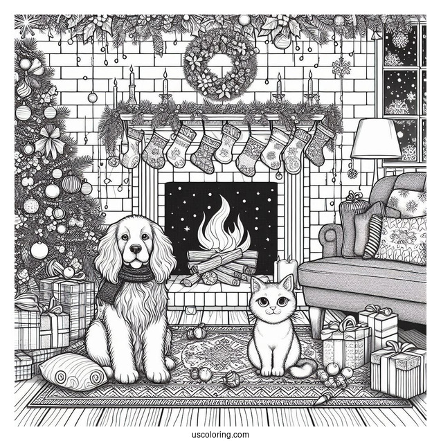 Christmas Coloring Pages For Adults Of Detailed Christmas Living Room With Dog And Cat In Front Of Fireplace