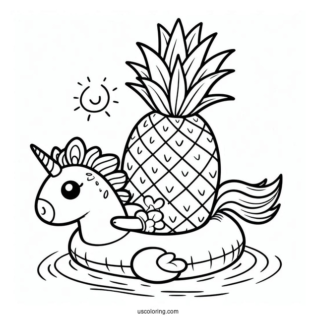 Summer Coloring Page Of Cheerful Pineapple On A Unicorn Floatie