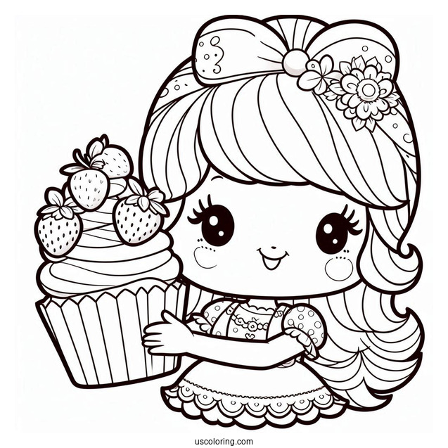 Strawberry Shortcake Coloring Page Holding Cupcake