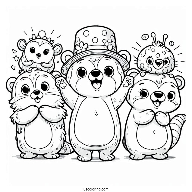 Smiling Critters Coloring Page Characters Cheering