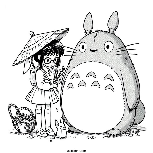 Studio Ghibli Coloring Page of Mei And Satsuki Playing With Totoro