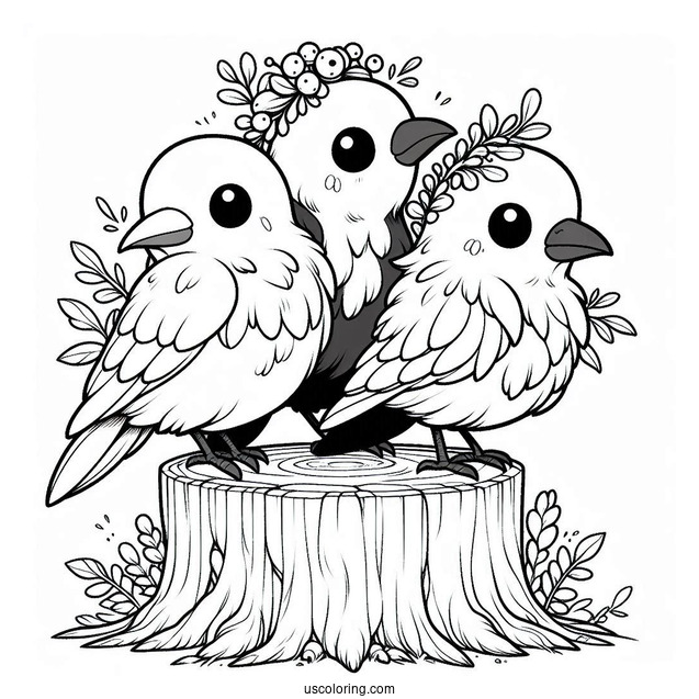 Three Chibi Raven Coloring Page Living Inside A Tree Stump For Kids