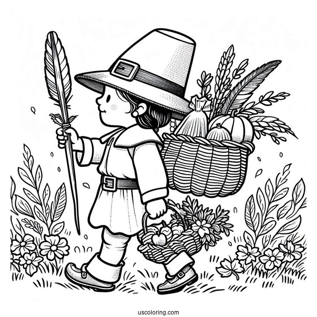 A Pilgrim Coloring Page Of A Native American Carrying Food