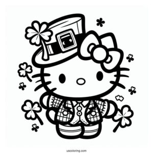 St. Patrick's Day Coloring Page Of Cute Hello Kitty Dressed As A Leprechaun With A Shamrock For Preschoolers