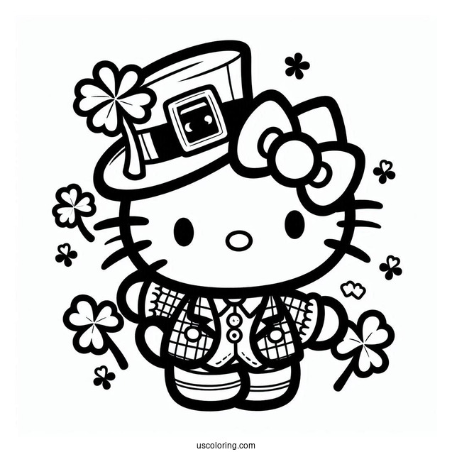 St. Patrick's Day Coloring Page Of Cute Hello Kitty Dressed As A Leprechaun With A Shamrock For Preschoolers