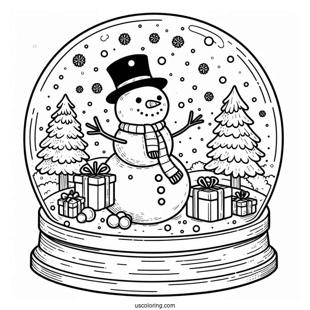 Snowman With Trees And Presents Snow Globe Coloring Page