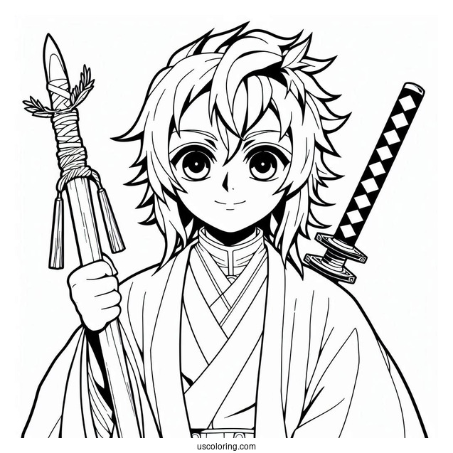 Smiling Tanjiro Coloring Page Holding Nichirin Sword Behind Him