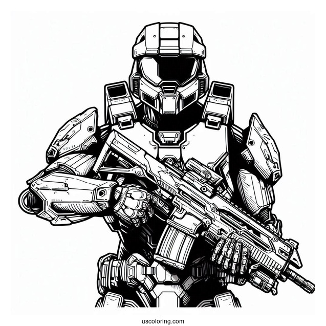 Detailed Futuristic Soldier Coloring Page Holding Weapon