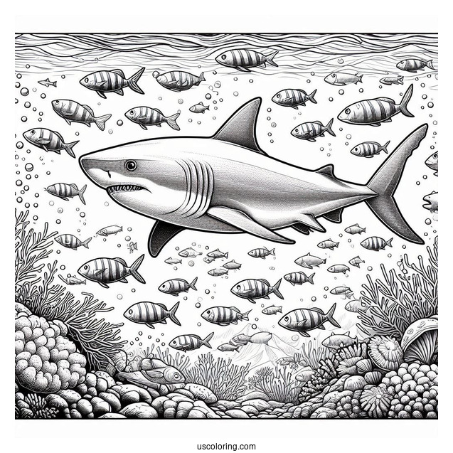 Sharks Coloring Page And Fish Beneath The Water Surface