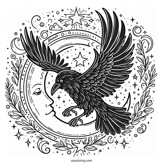 Magical Raven Coloring Page With Crescent Moon And Stars
