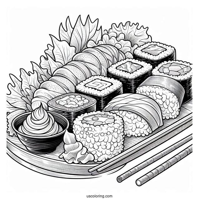 Realistic Sushi Coloring Pages Plate