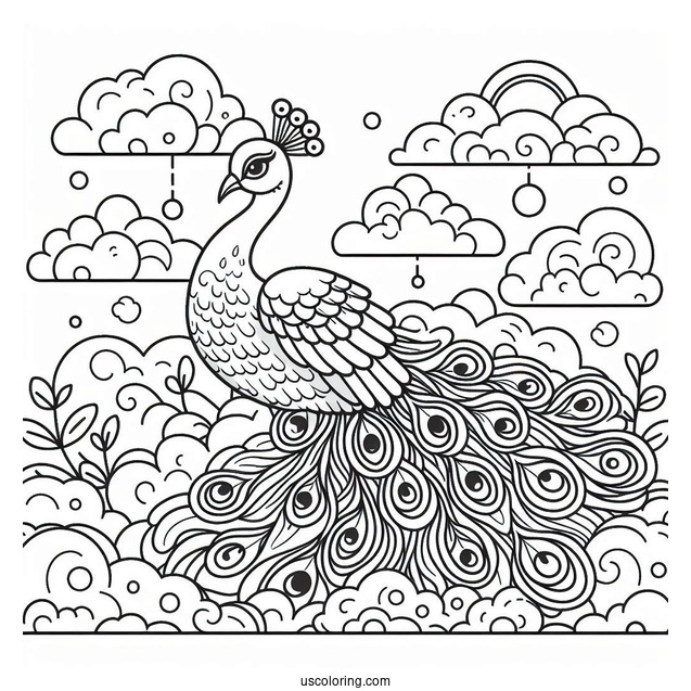 Peacock Coloring Page and Bird Under Cloudy Sky For Kids