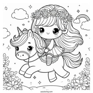 Cute Coloring Page Little Girl Riding A Unicorn