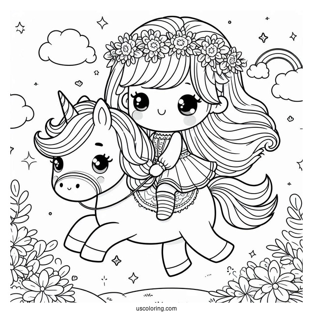 Cute Coloring Page Little Girl Riding A Unicorn