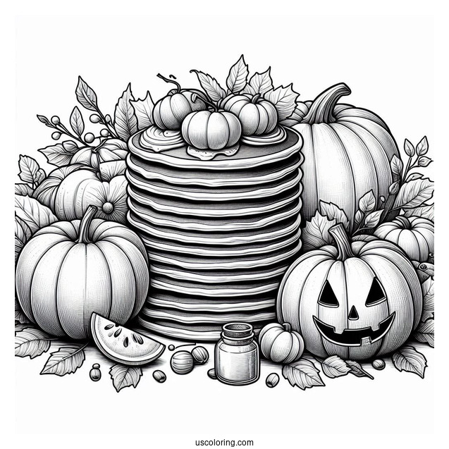 Realistic Fall Pancake Coloring Page With Jack O Lanterns