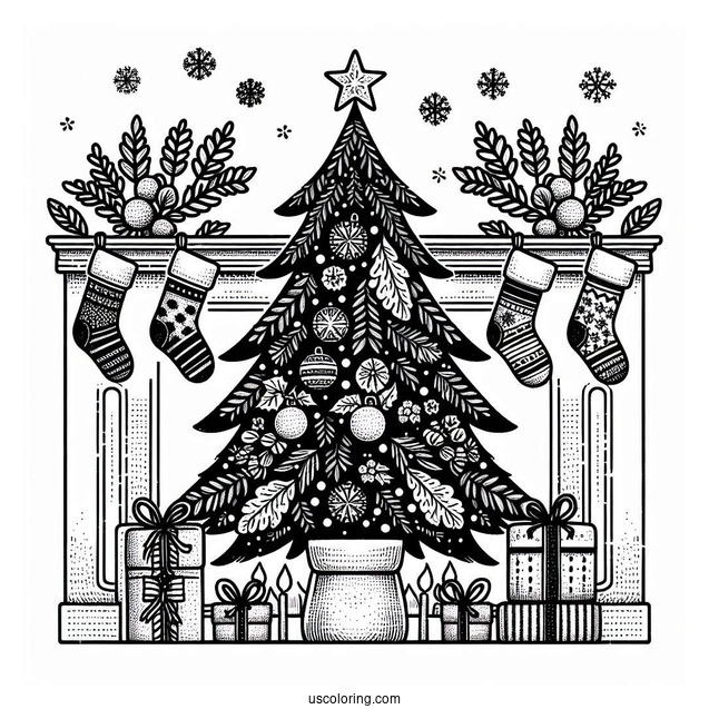 Christmas Tree And Stockings On Mantle